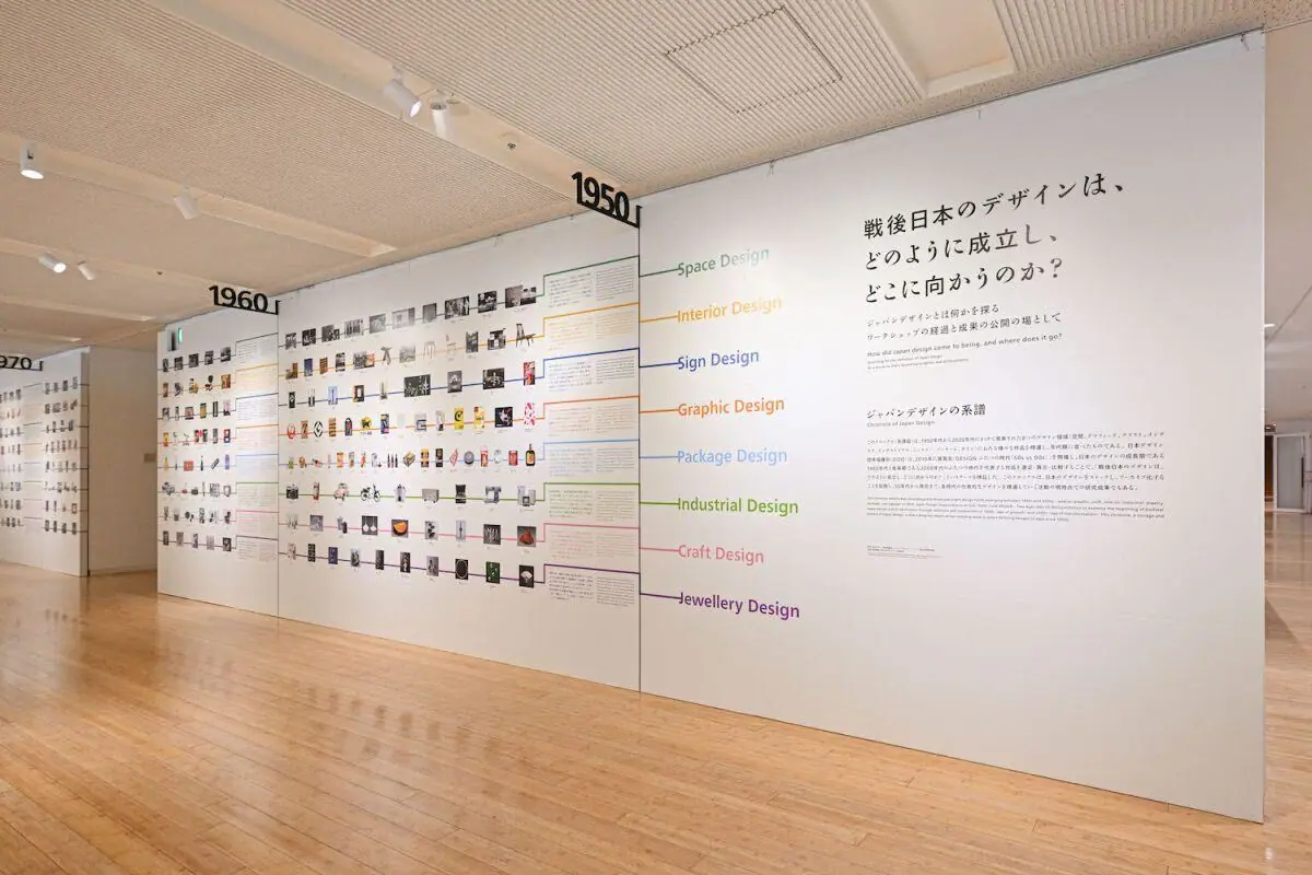 会場の壁一面に立てられた展示パネル。1950年代からの年表に沿って、空間・インテリア・サイン・グラフィックなど領域ごとのデザインが並ぶ